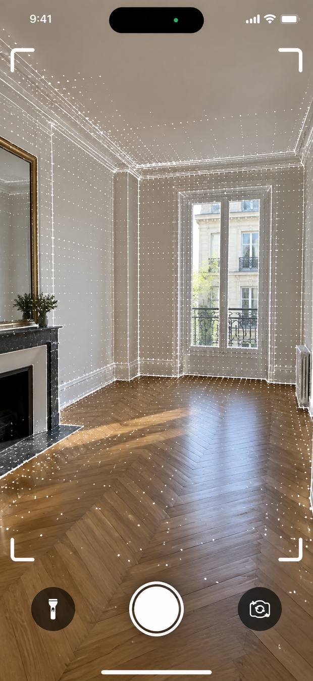 Le relevé d'une pièce depuis l'iPhone : les murs, le plafond, le sol et la fenêtre sont repérés pour tracer le plan et mesurer les surfaces.