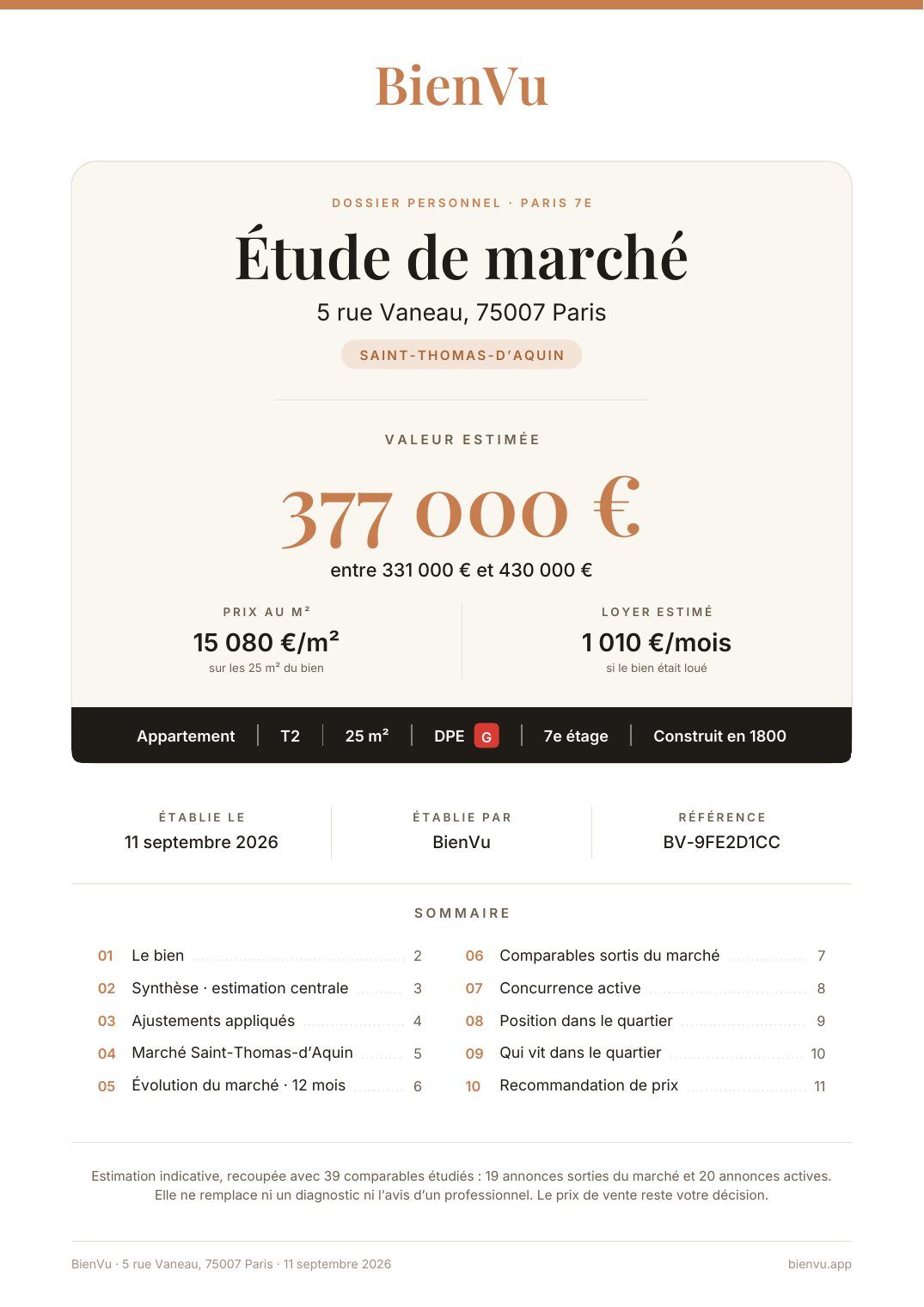 Couverture d'une étude de marché BienVu : adresse du bien, valeur estimée, fourchette, prix au mètre carré, loyer estimé, délai de vente et sommaire des onze pages.